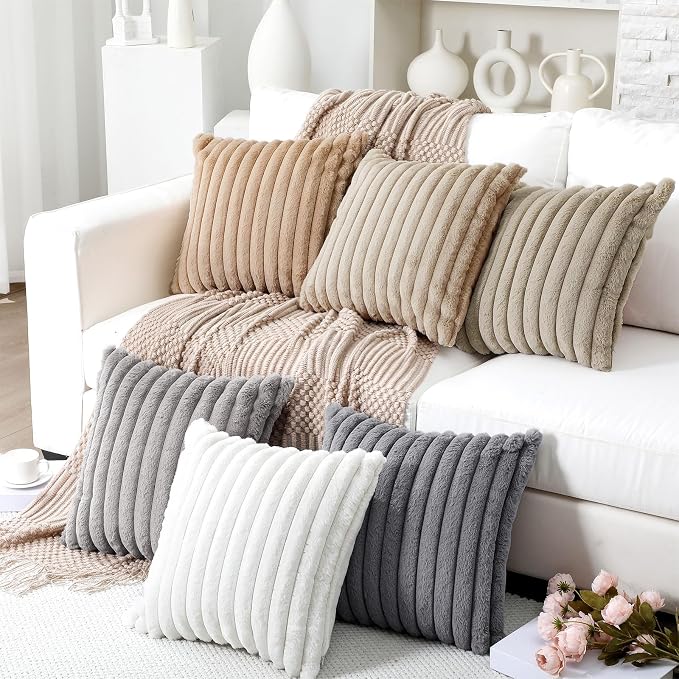 Mixweer 6 Pcs Neutral Faux Fur Plush Throw Pillow Covers 18x18 Inch Soft Fluffy Decorative Striped Pillow Covers with Velvet Back for Sofa Bed Cushion, Boho Rustic Farmhouse Modern Home Decor
