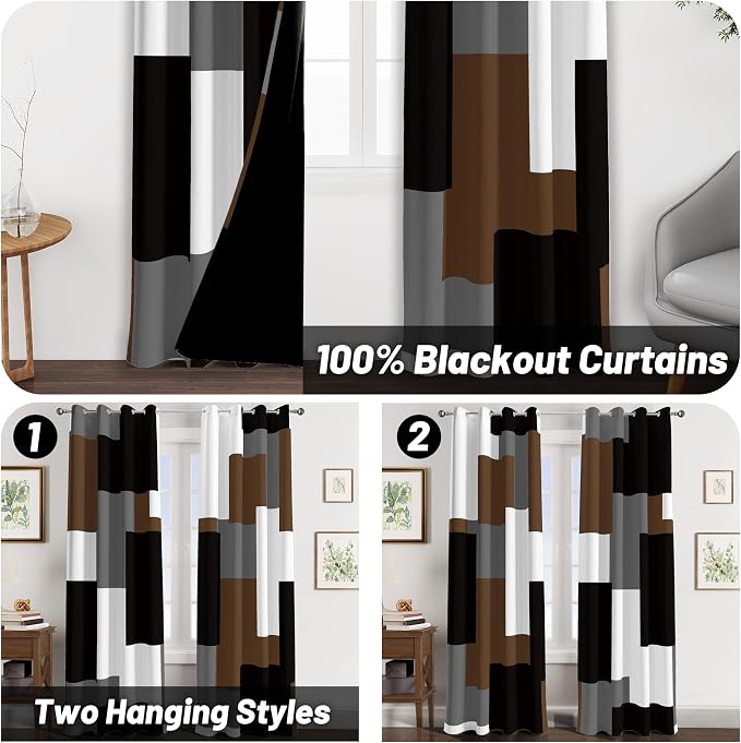 Tyrot Brown 100% Blackout Curtains for Bedroom 63 inch Long 2 Panels Set Black White Gray Modern Abstract Geometric Black Out Curtains Insulated Room Darkening Window Drapes for Living Room, 52Wx63L