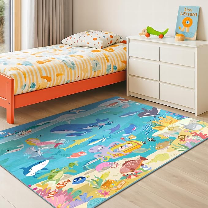 4x6 Ocean Rug for Kids Playroom – Sea Life Learning Carpet with Mermaid, Submarine & Whales, Soft Washable Stain Resistant Playful Area Rug for Kids, Educational Underwater Theme Carpet