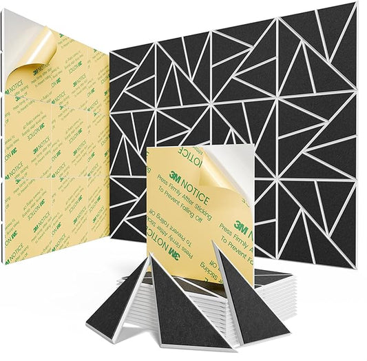 12 pack Acoustic Panels With Self-Adhesive, 12"X 12"X 0.4"Sound Proof Foam Panels, Sound Panels High Density, Soundproof Wall Panels for Home Studio Office- WhiteBase + BlackFace V2