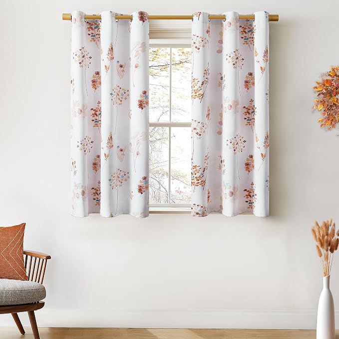 XTMYI Orange Curtains for Kitchen,Boho Colorful Floral Short Curtains for Window Bedroom,45 Inch Length Terracotta and Dark Blue