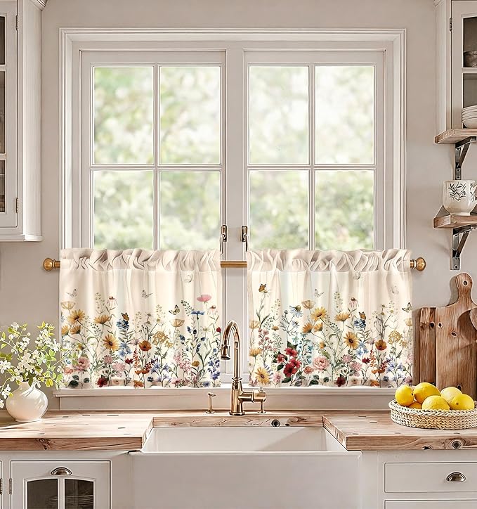 Miss Adola Floral Kitchen Tier Curtains - 18 Inch Length Linen Blend Farmhouse Cafe Curtains Vintage Small Window Treatments Over Sink Rod Pocket for Bathroom Living Room Light Filtering, 2 Panels