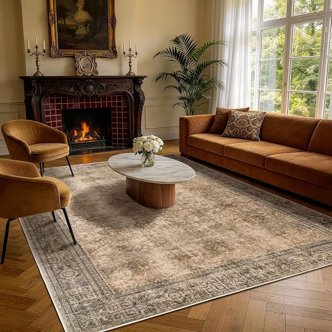 LIANLAM 5x7 Washable Area Rug, Vintage Boho Traditional Pattern, Non-Slip Stain Resistant Rug for Living Room Bedroom(5x7,Brown/Boho)