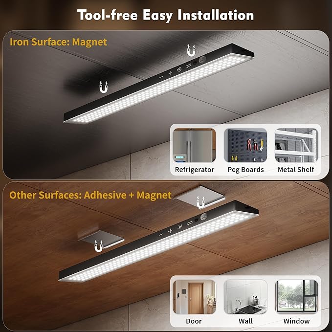 12inch 3Pack Touch Control Under Cabinet Lighting, 160LED Super Bright, 4000mAh Long-Lasting, Magnetic Rechargeable Motion Sensor Under Counter Lights for Kitchen, Closet, Remote, Dimmable, 3CCT丨Black