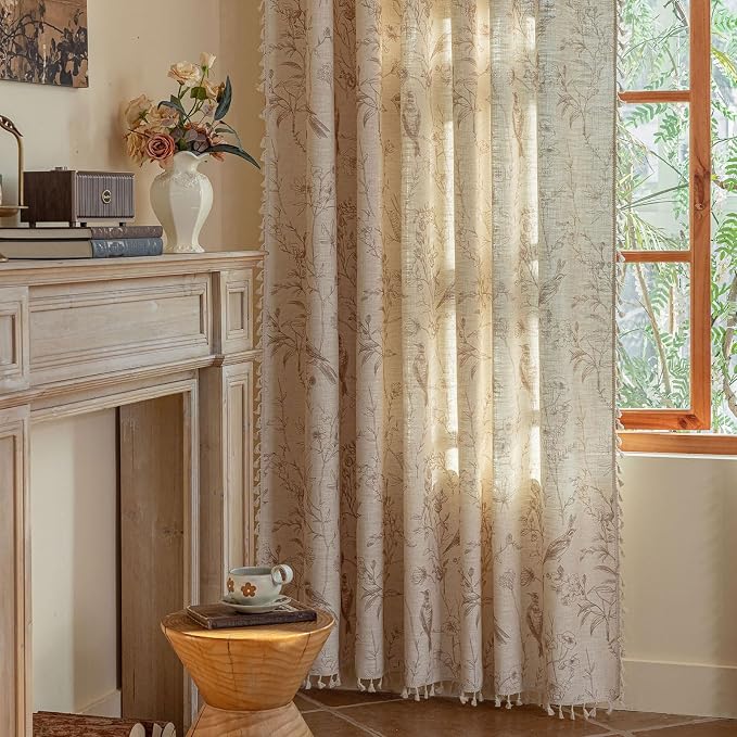 OYX Boho Curtains 63 Inches Long, Beige Semi Sheer Farmhouse Drapes with Floral & Garden Birds, Vintage Rod Pocket Window Curtain Set of 2 Panels for Kitchen Bedroom