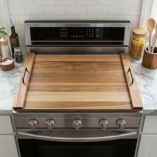 Noodle Board Stove Cover with 4 Adjustable Feet, 30" x 22" Acacia Wood Stove Top Cover for Gas Stove, Electric & Induction - Extra Counter Space, Serving Tray & Charcuterie Board for RV& Kitchen