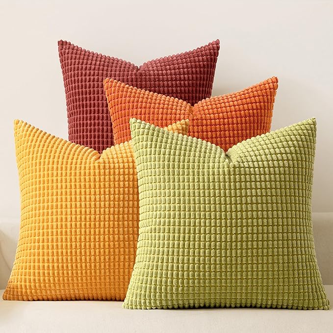 MIULEE Fall Decorative Pillow Covers 18x18 Inch Set of 4 Yellow Orange | Burnt Orange Green Gradient Boho Farmhouse Home Decor Couch Pillows Modern Corduroy Pillowcases for Sofa Living Room Bed