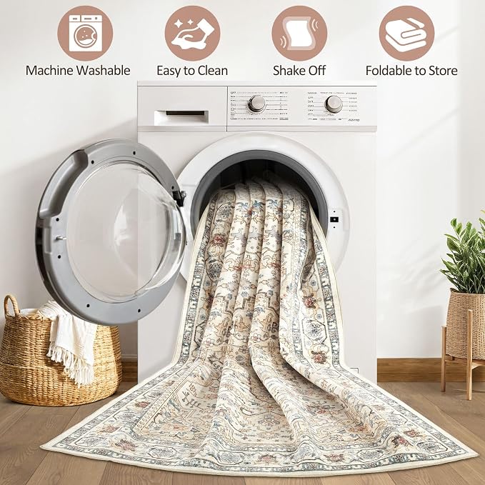 Runner Rug Kitchen Washable Rugs: 2x6 Non-Slip Boho Soft Vintage Stain Resistant Indoor Floor Neutral Farmhouse Throw Carpet for Hallway Bathroom Laundry Room Entryway Bedroom- Cream