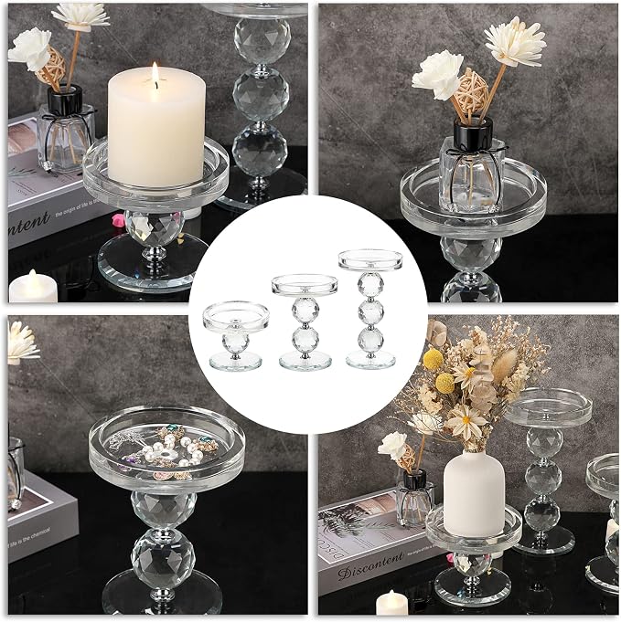 OwnMy Crystal Glass Pillar Candlestick Holders Pillar Candle Holders Sets | Clear Glass Tealight Holders Votive Candle Stands, Set of 3 Modern Pillar Candle Centerpiece for Living Room Wedding Decors