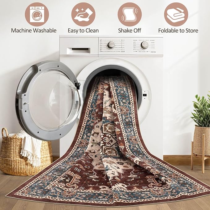 6x9 Area Rugs Living Room: Washable Boho Large Neutral Vintage Soft Rug Stain Resistant Farmhouse Non-Slip Indoor Floor Retro Carpet for Bedroom Nursery Kids Office Dining Room- Burgundy