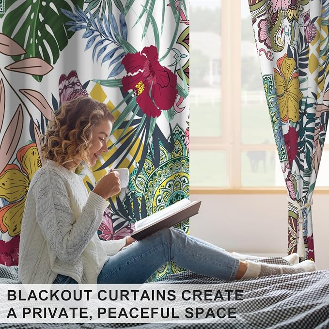 Black Out Curtains 84 Inch Long 2 Panels Set, Boho Pattern Blackout Curtains for Bedroom and Living Room, Bohemian Thermal Insulated Soundproof Grommet Room Darkening Drapes with Curtain Tiebacks