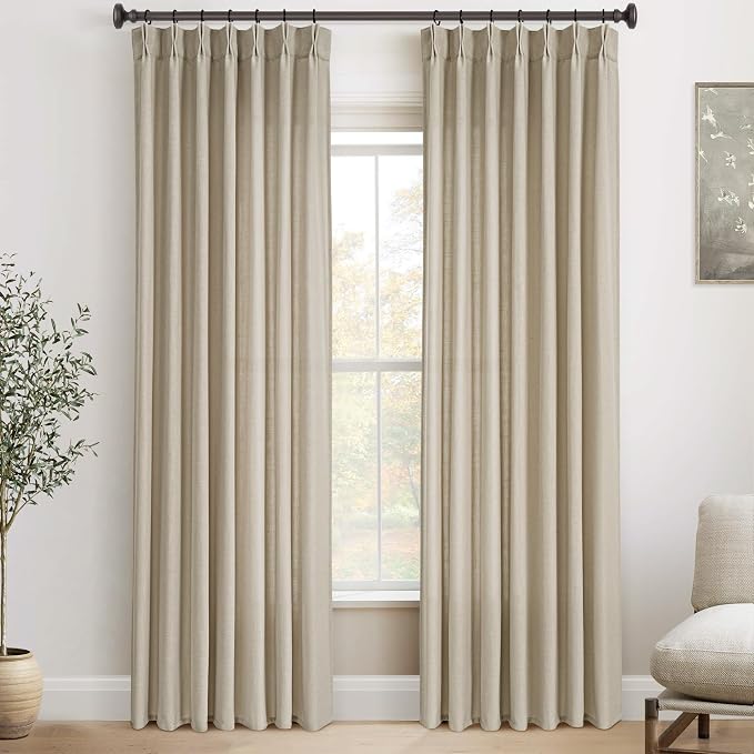 Taupe Linen Curtains 120 inch Length 2 Panels for Living Room Light Filtering Semi Sheer Pleated Curtains with Hooks Burlap Textured Neutral Country Rustic Curtain Drapes Ceiling Floor Extra Long 120