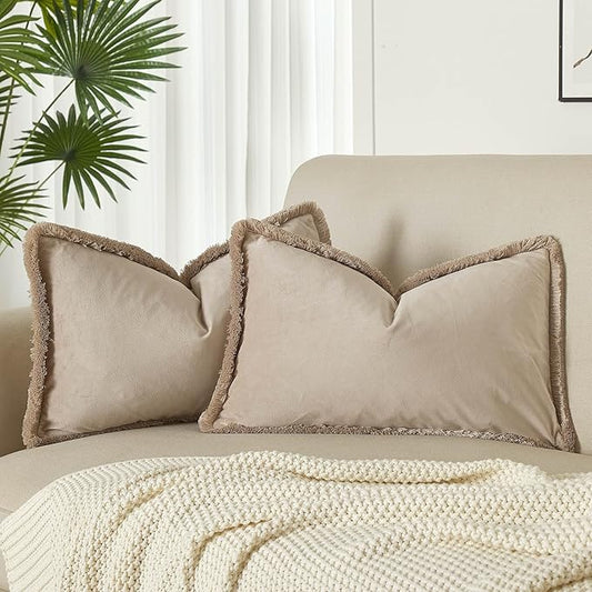 JUSPURBET Champagne Decorative Velvet Fringe Throw Pillow Covers 16x24 Set of 2 Boho Soft Cushion Case for Home Decor Living Room Couch Sofa Bed