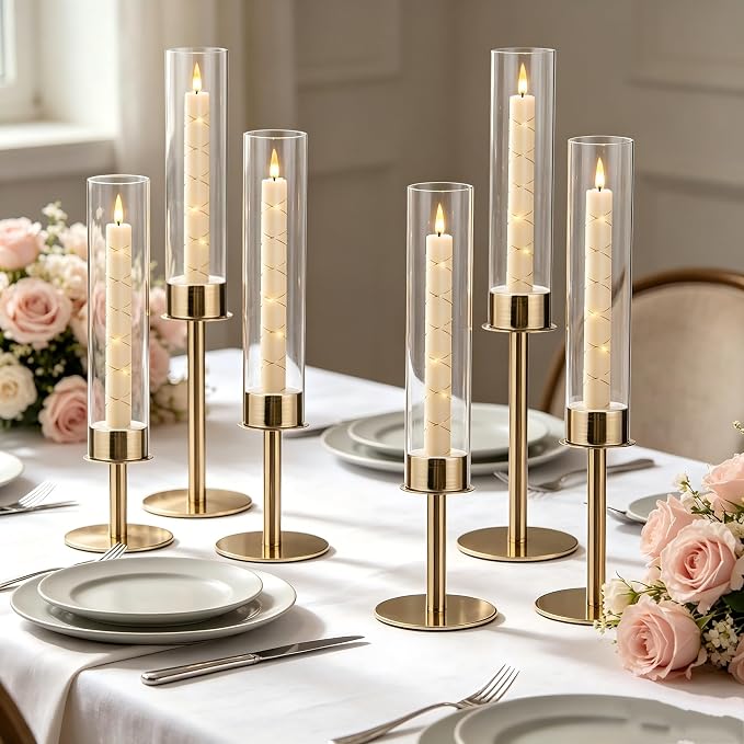 6PCS Acrylic Candle Holder for Table Centerpiece | Metal Tall Candle Holder with Acrylic lampshade for Wedding,Party, Birthday Decorations (Gold)