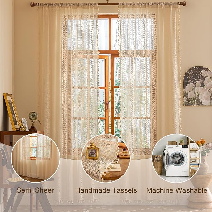 Sutuo Home Beige Boho Lace Curtains 72 inches Long for Nursery Bedroom, Sheer Curtains Privacy Crochet Light Filtering Vintage Tassels Bohemian Window Treatments Geometry Rod Pocket, 2 Panels 50" W