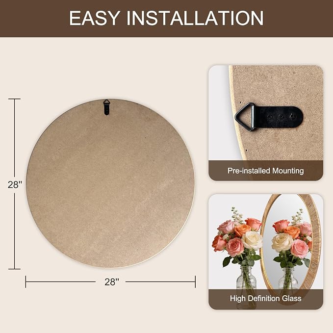 Decorative Rattan Wall Mirror, Boho Bathroom Modern Makeup, Rustic Wall Bohemia Mirrors for Bedroom, Living Room, Vanity Versatile Farmhouse, Nursery, Bathroom (Round 28“x28”