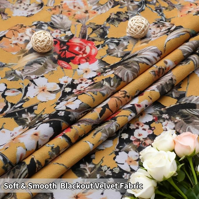 Estelar Textiler Mustard Yellow Velvet Blackout Curtains 63 Inches Long, Vintage Floral Pattern Grommet Drapes for Bedroom, Energy Saving Window Treatment Curtains for Living Room, 52Wx63L, 2 Panels