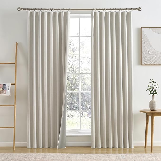 Natural Birch 90 Inch Long Extra Wide Linen Blackout Curtains for Large Windows,Back Tab Pleaetd Drapes with Hooks Track System Curtain Panels Room Divider Curtains for Patio Sliding Door 70 x 90