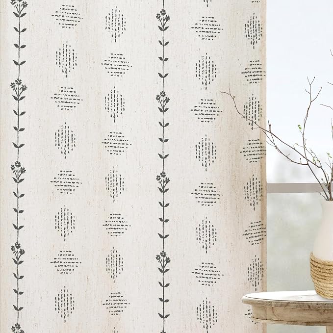 Lino Rosa Short Sheer Curtains 45 Inch Length Farmhouse Boho Linen Drapes for Kitchen Window Over Sink, Cortinas para Cocina, Black and Cream