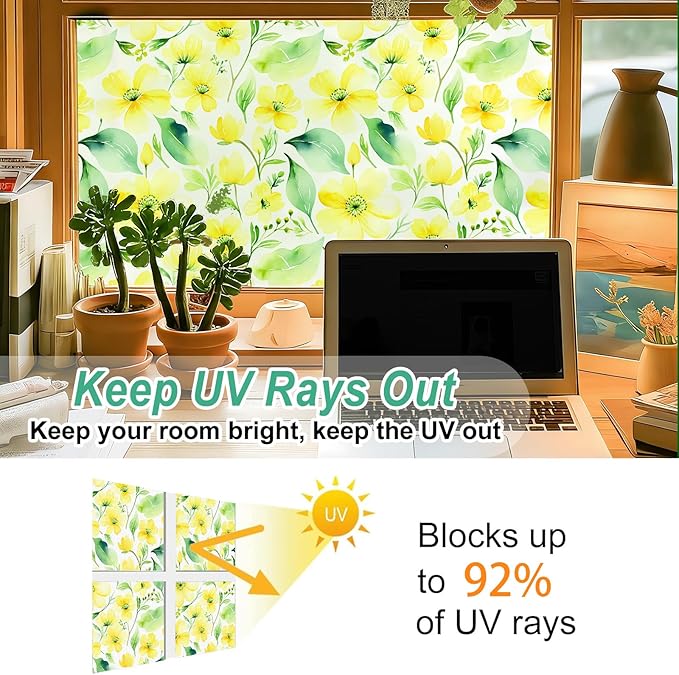 SOMWISE Frosted Glass Window Privacy Film with Tools, Heat Blocking, Anti-UV, Anti-Glare, Static Cling, Decor for Home Bathroom Door, Renter Friendly, Removable, Reusable, Yellow 17.5Inchx157Inch