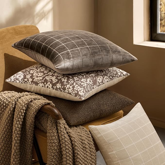 MIULEE Brown Plaid Decorative Fall Throw Pillow Covers 24x24 Set of 2 | Vintage Check Chenille Couch Pillows Boho Farmhouse Cushion Covers Modern Fall Home Decor for Sofa Bed Living Room