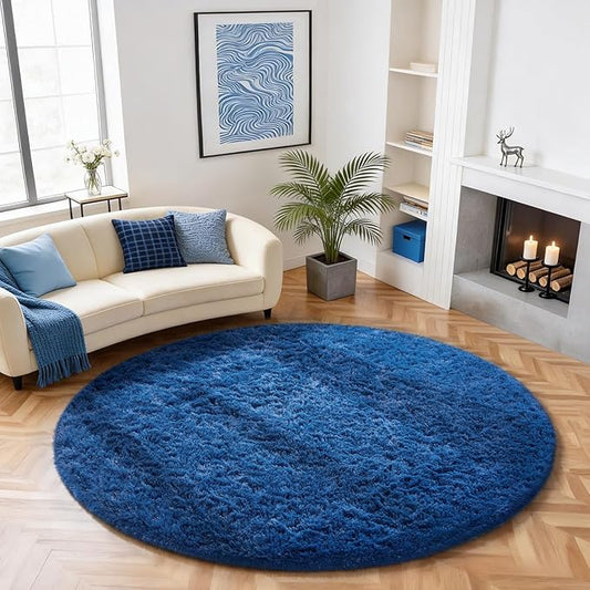 Ophanie Round Rug 6Ft Blue Circle Area Rug, Boys Room Decor, Fluffy Fuzzy Bedroom Carpet, Plush Soft Shaggy Living Room Rugs for Kids Home Decor Aesthetic, Nursery