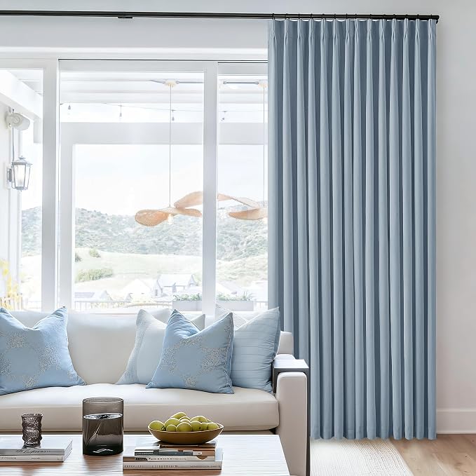 Dusty Blue Pinch Pleated 100% Blackout Linen Curtains for Bedroom 84 Inch Length Room Darkening with Liner Light Blue Window Curtains 84 Inches Long for Living Room Black Out Pleat Drapes Back Tab