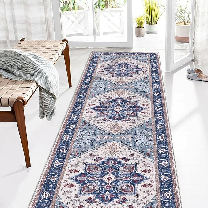 OPPODREAM Soft Entryway Rug 2x8, 2x8 Rug Runner, Washable Hallways Carpet 2 x 8 with Non Slip Backing, Low-Pile Bedside Carpet 2 x 8, Long, Faux Cashmere, Navy Blue & Red & Cream