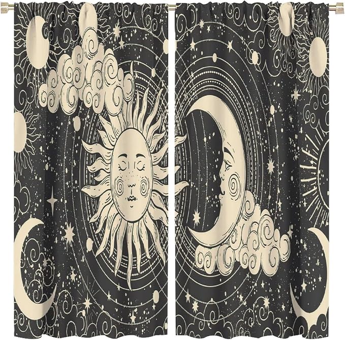 Bohemian Sun Moon Blackout Windows Curtains, Golden Sun Crescent Moon and Stars Vintage Cosmic Galaxy Printed Curtains, for Living Room Bedroom 84x84in 2 Panels