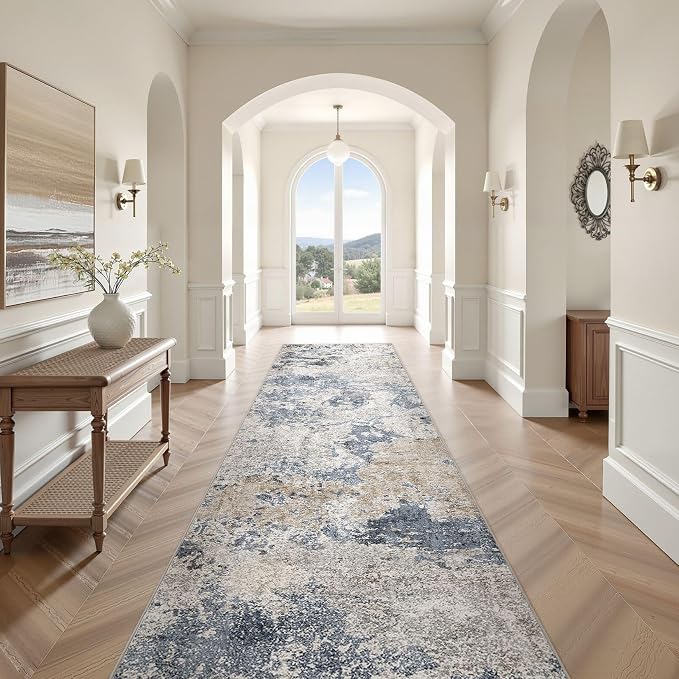 Hallway Washable Runner Rug: 3x10 Abstract Modern Soft Stain Resistant Non-Slip Backing Runner for for Entryway Kitchen Laundry - Blue Brown