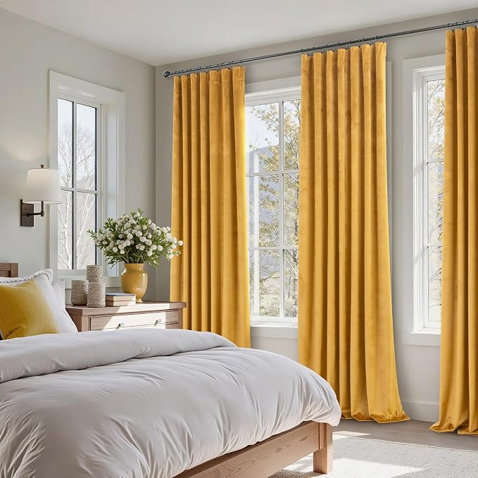Gold Velvet Curtains 96 Inch Long 2 Panel for Living Room Dining Area Soft Luxury Home Decor Thermal Insulated Dark Out Drape Privacy Darkening Curtain for Bedroom Vintage Wall Backdrop Golden Pumpkin