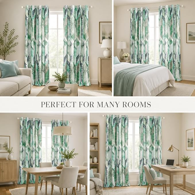 Leeva Decorative Kitchen Curtains, Drapes for Living Room 84 Inch Length 2 Panels, Geometric Pattern Grommet Solid Window Treatments, 52 x 84, Cyan