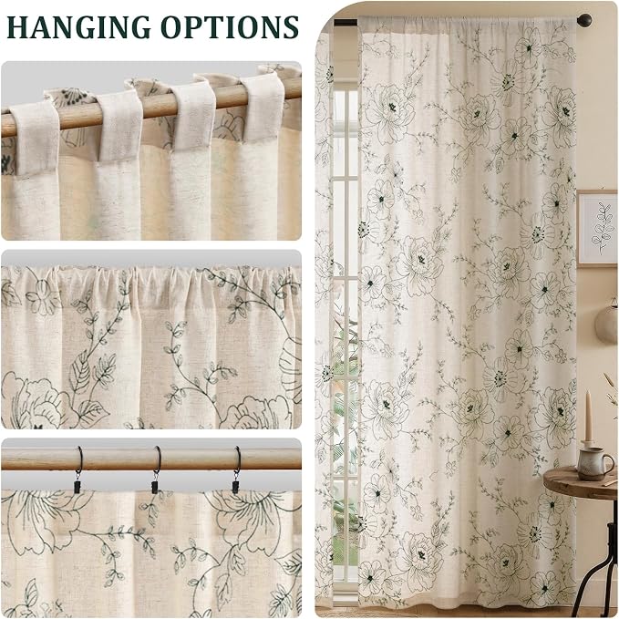Boho Floral Curtains, Vintage Farmhouse Curtains 84 Inches Long, Green Cottage Core Flower 2 Panels