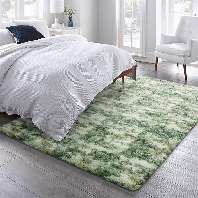 Ophanie 6x9 Green and White Area Rugs for Living Room,Large Sage Green Fluffy Shag Fuzzy Plush Soft Carpets,Floor Shaggy Rugs for Bedroom,Carpet for Kids Girls Dorm Decor with Over 99 pcs Pile fibers