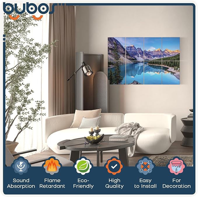 BUBOS 8 Pack Acoustic Wall Panels - High-Density Polyester Sound Absorbing Panels, Decorative Print Treatment for Recording Studio & Home Office, Peel and Stick, 16" x 12"
