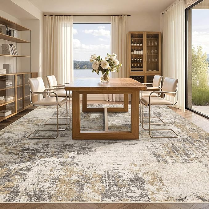Tortania Washable 10x14 Area Rug for Living Room: Modern Abstract Neutral Large Soft Thin Rugs - Non Slip Indoor Carpet for Bedroom Dining Room Office Nursery Home Floor Decoration - Beige/Brown/Gray