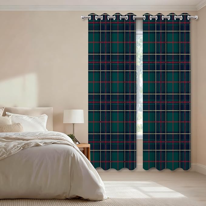 Shrahala Tartan Plaid Blackout Window Curtains, Green Scottish Fabric Kilt Twill Woven Thermal Insulated Curtains Grommet Top Window Drapes for Living Room, Bedroom (2 Panels,52 x 63 in)