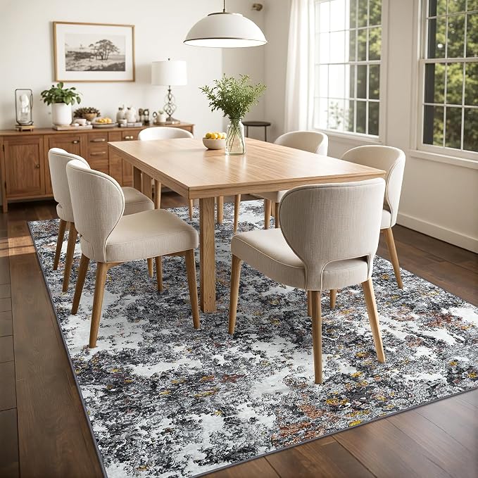Area Rug 9x12 Living Room: Large Washable Rug with Anti-Slip Backing Non-Shedding Stain-Resistant Soft Abstract Carpet for Bedroom Dining Room Nursery Home Office (Gray/Multi)