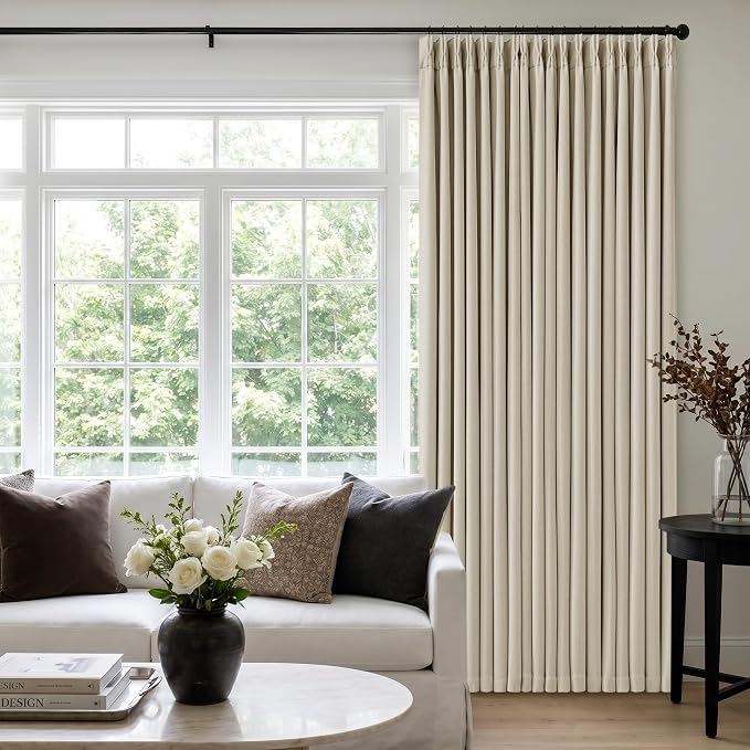 Extra Wide Blackout 60 x 84 Inch Curtains 1 Panel for Bedroom, Beige Oatmeal Pinch Pleat Room Darkening Pinch Pleated Curtain Sound Dampening for Sliding Patio Door Large Window Drapes