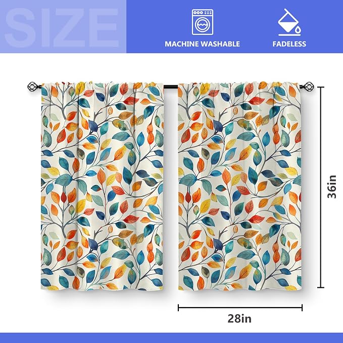 Aimego Colorful Leaves Kitchen Curtains - Floral Spring Botanical Tier Cafe Curtains Farmhouse Country Small Window for Bathroom Living RV Rod Pocket Window Drapes 45 Inch 2 Panels Set 28"x45"
