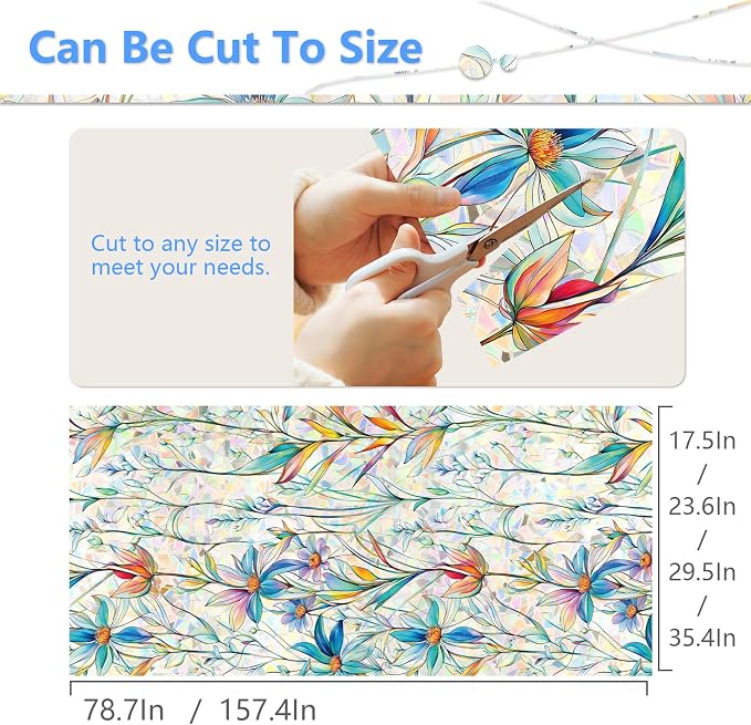FINNEZ Window Privacy Film Stain Glass Film Flowers Rainbow Window Film Window Clings Non-Adhesive Reusable Decorative for Home（Blue Lotus，45.2 Inch x 13.1 Feet）