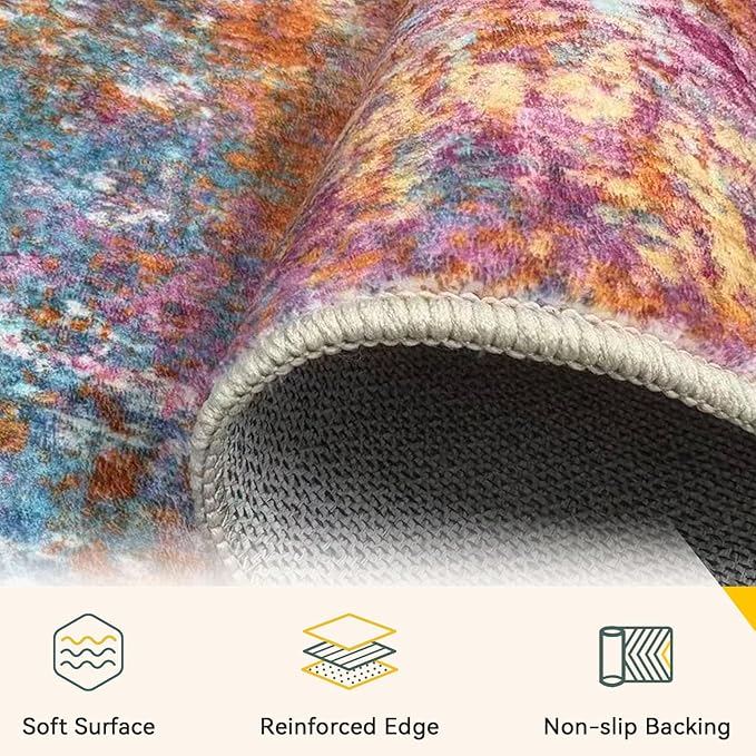 RELEANY Washable Area Rugs Square 8ft Non-Slip Modern Abstract Soft for Living Room Entryway Bedroom Kitchen, Print Pattern, Orange Blue Pink Yellow Colorful