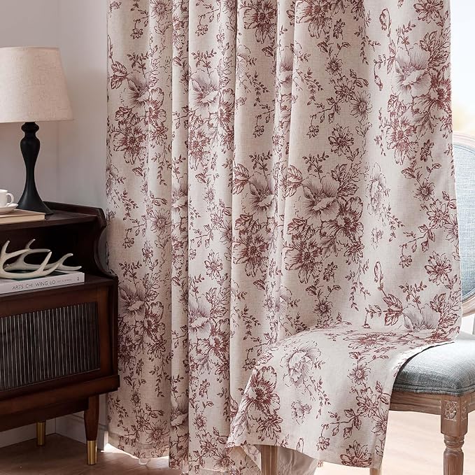 jinchan Blackout Floral Curtains for Living Room Bedroom Linen Blend Curtain Farmhouse Brick Red Printed with Lined Back Tab Rod Pocket Drapes Window Treatments 2 Panels 63 Inch