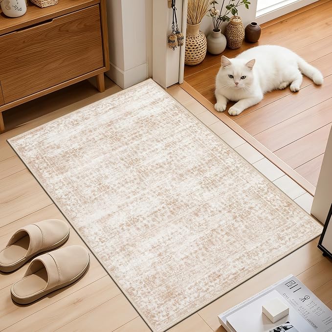 2x3 Area Rugs Living Room Rug: Washable Vintage Boho Rug No Slip Stain Resistant Soft Carpet Indoor Floor Floral Large Carpets for Bedroom Dining Room Farmhouse Nursery Hallway Home Office Beige