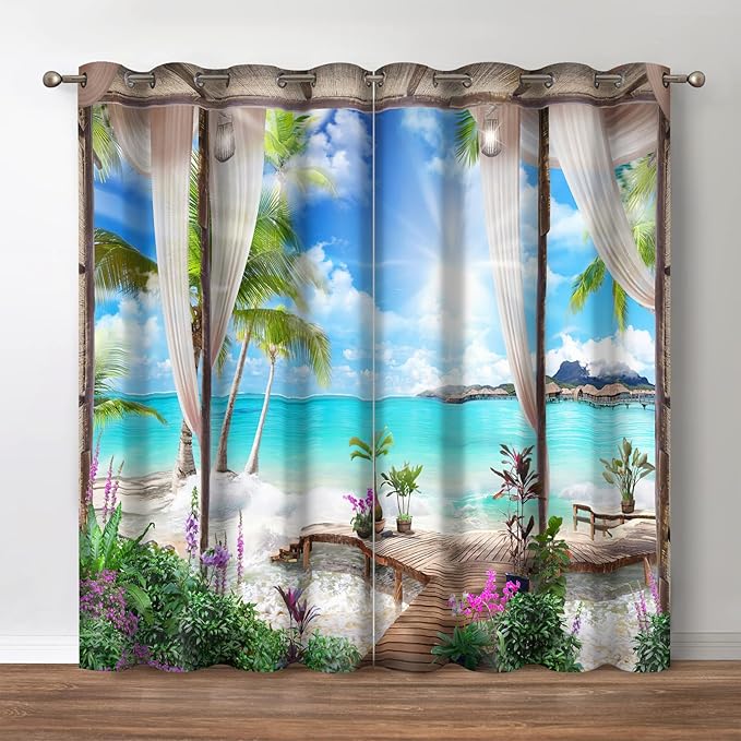 Jekeno Sunlight Beach Blackout Curtains - Tropical Ocean Sea Island Palm Tree Summer Scape Print Decor Home Apartment Bedroom Living Room Grommet Window Drapes 2 Panels Set,52"x 63"