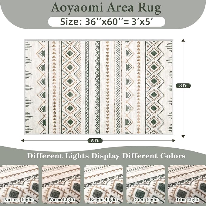 Area Rug 3x5 Geometric Rug: Washable Boho Moroccan Rugs Soft Farmhouse Rug, Modern Neutral Stain Resistant Indoor Floor Carpet for Living Room Bedroom Dining Table Nursery(Brown Green,3'x5')