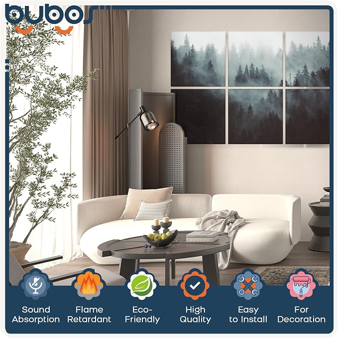 BUBOS 6 Pack Acoustic Wall Panels - High-Density Polyester Sound Absorbing Panels, Decorative Print Treatment for Recording Studio & Home Office, Peel and Stick, 23.6" x 23.6"