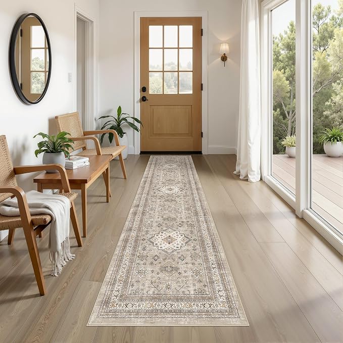 Vintage Hallway Runner Rug 2x8: Large Soft Washable Entryway for Kitchen Laundry Room Non-Slip Backing Runner for Entrance Living Room Bedroom Bathroom - Beige