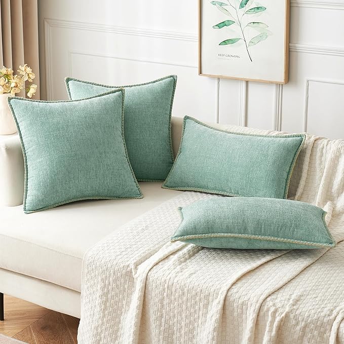 MIULEE Pack of 2 Summer Throw Pillow Covers 18x18 Inch Aqua Green Farmhouse Decorative Pillow Covers with Stitched Edge Soft Chenille Solid Dyed Pillow Covers for Couch Sofa Bed Living Room