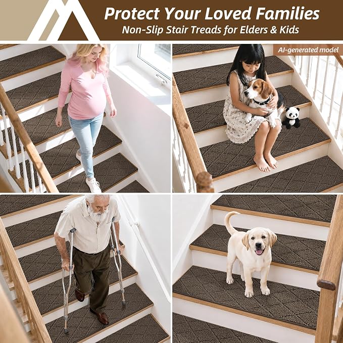 COSY HOMEER Stair Treads for Wooden Steps 11"x30" Washable Indoor Carpet Stair Treads Non Slip Soft Polyester Stair Carpet Tread Reusable Stair Runner Rugs for Kids, Elders,Pets,Brown,4pcs